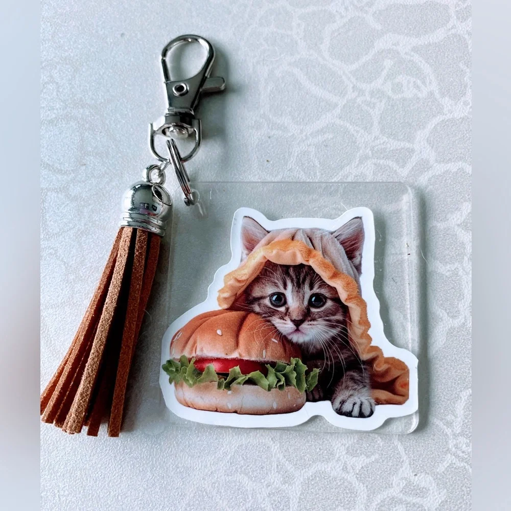 Hand Crafted Cat in Burger Keychain with Brown Tassel